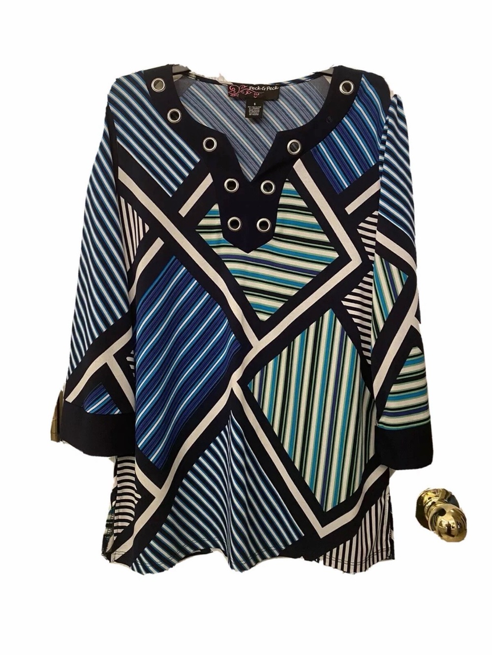Peck & Peck Navy, Teal & White Geometric Striped Tunic with Grommet V‑Neck